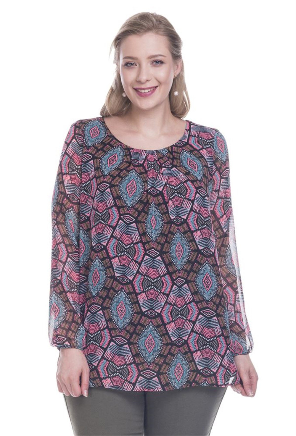 Uzun Kollu Astarlı Şifon BluzMYLINE12362-m