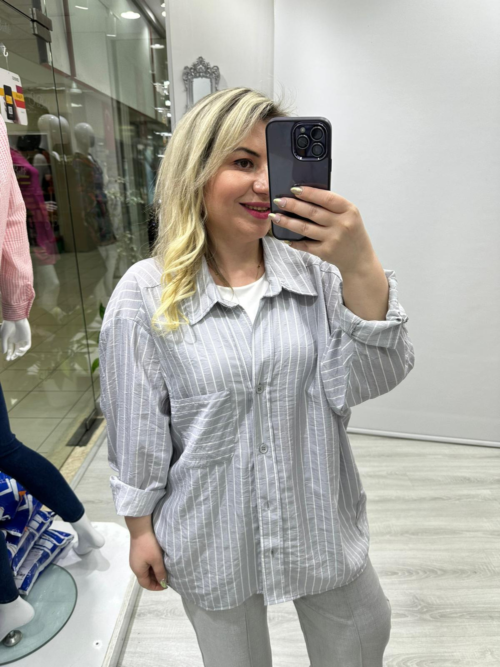 Açık Gri Çizgili Tensel Oversize Gömlek