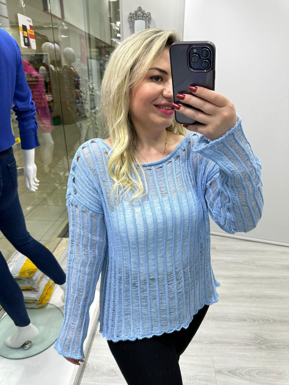 Bebe Mavisi İp Detaylı Delikli Salaş Triko 