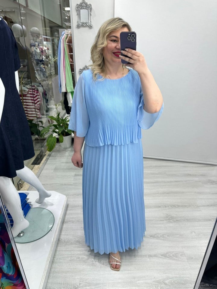 Bebe Mavisi Premium Piliseli 2 Katlı Yarım Kollu Şifon Elbise stp 26y2749
