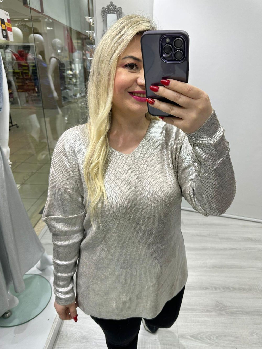 Bej Gümüş  V Yaka Omuz Düşük Triko Standart  Beden