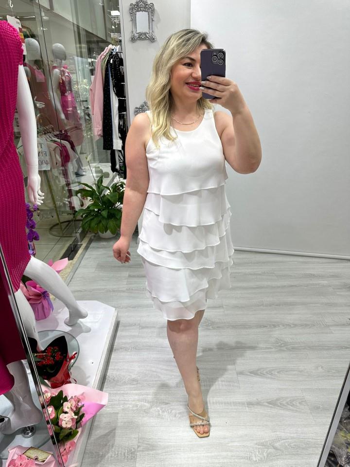 Beyaz Kat Kat Şifon Elbise mc 5021