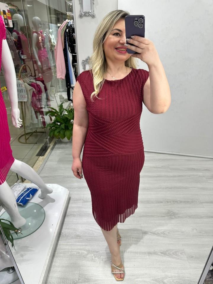 Bordo Bel Detaylı Özel Tül Kumaş Elbise 