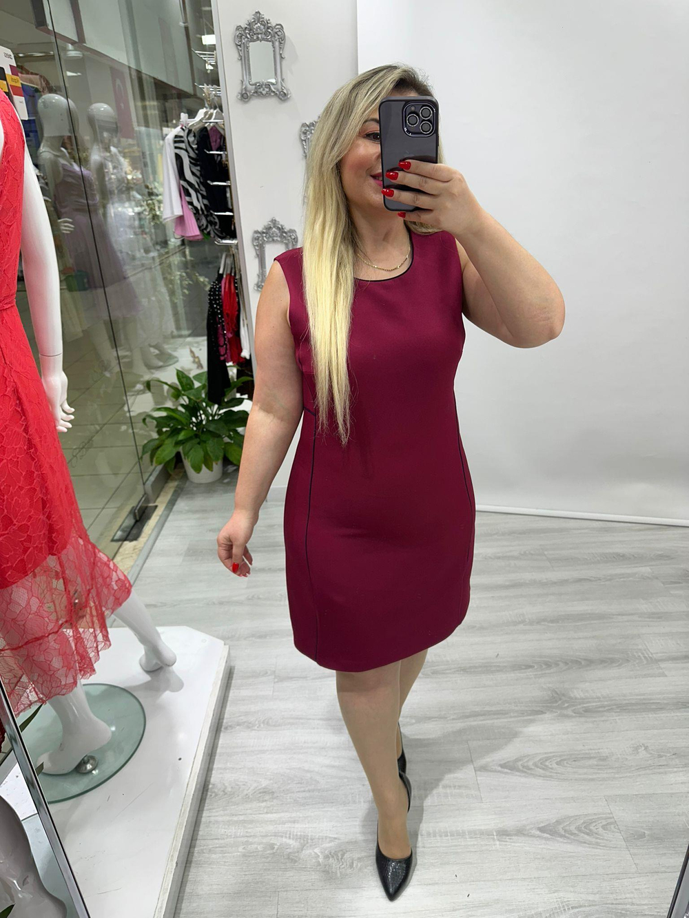 Bordo Biye Detaylı Klasik Elbise 5991