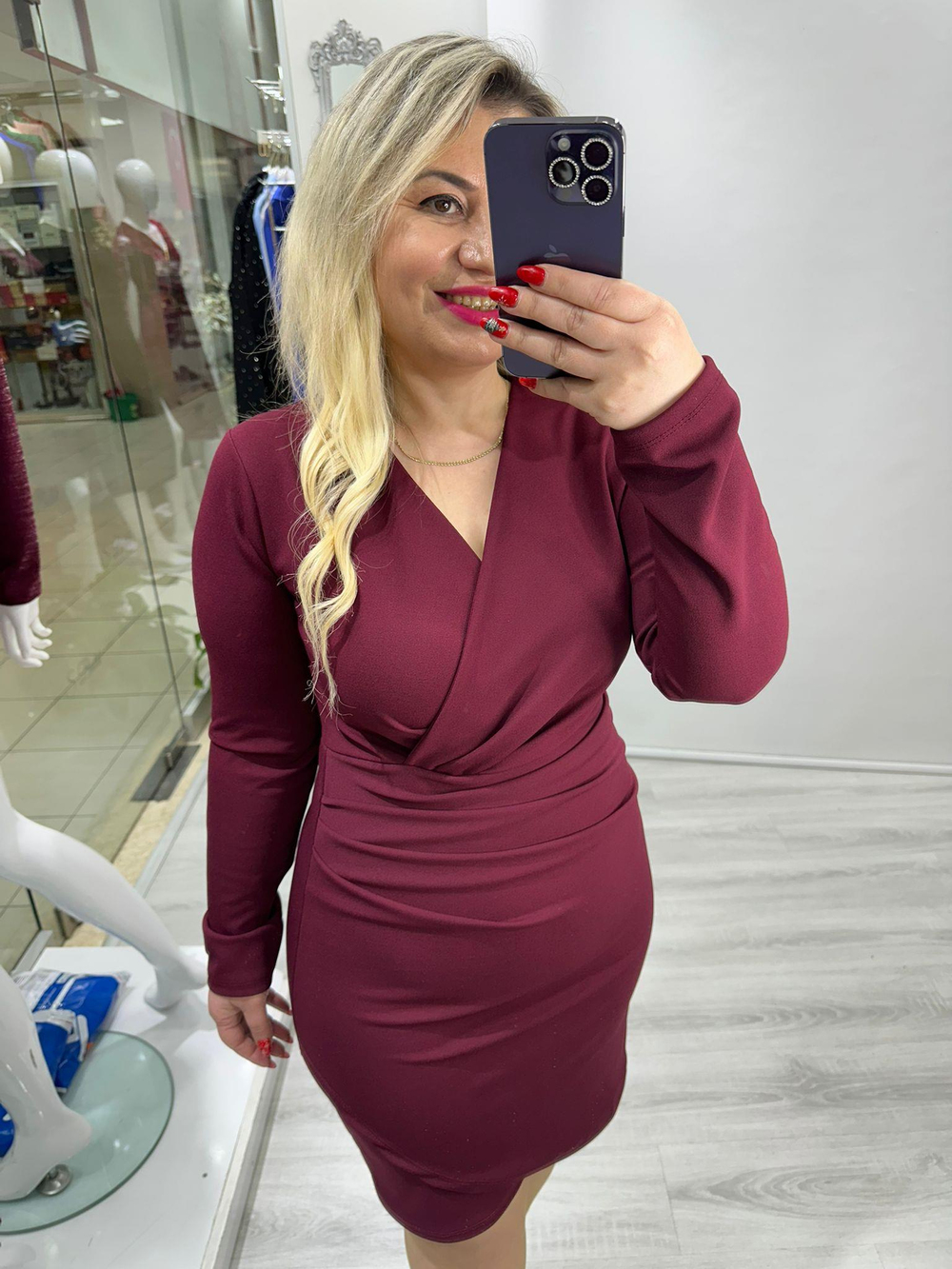 Bordo Drapeli Crep Kruvaze Elbise bkt 281015