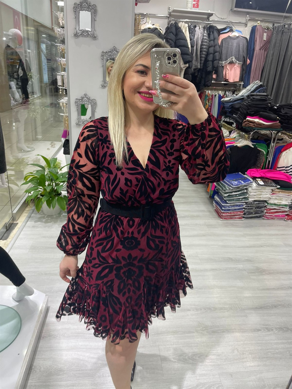 Bordo Flok Baskılı Çiçek Desen Elbise 