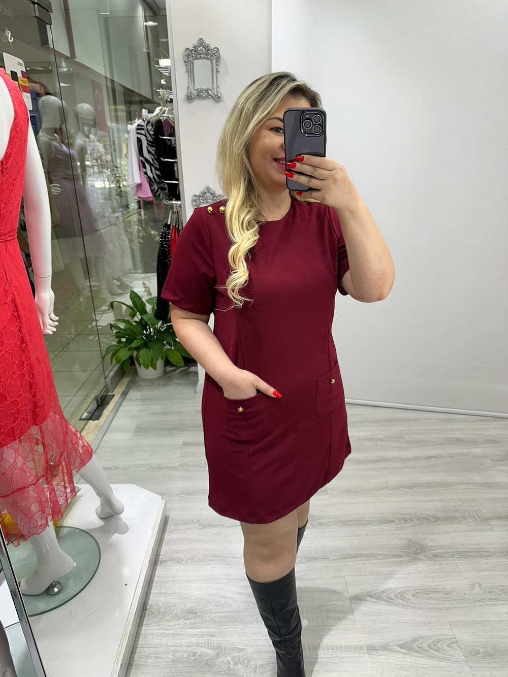 Bordo Gold Düğme Detaylı Önden Cepli Elbise my 3579