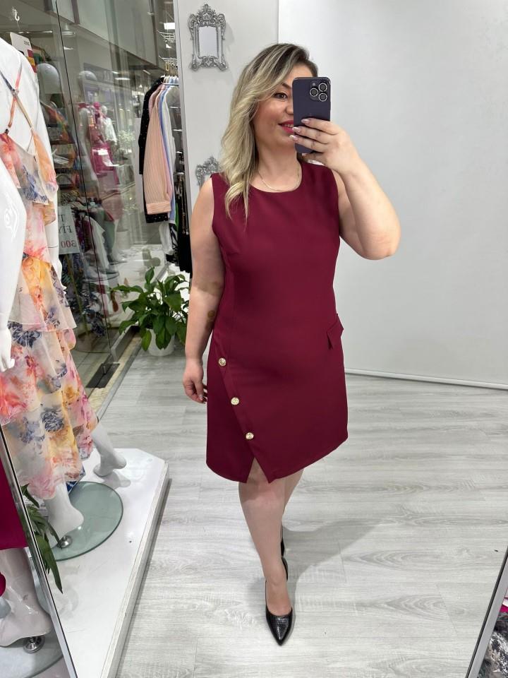 Bordo Gold Düğme Detaylı Süs Cepli Kolsuz Elbise mc 5996