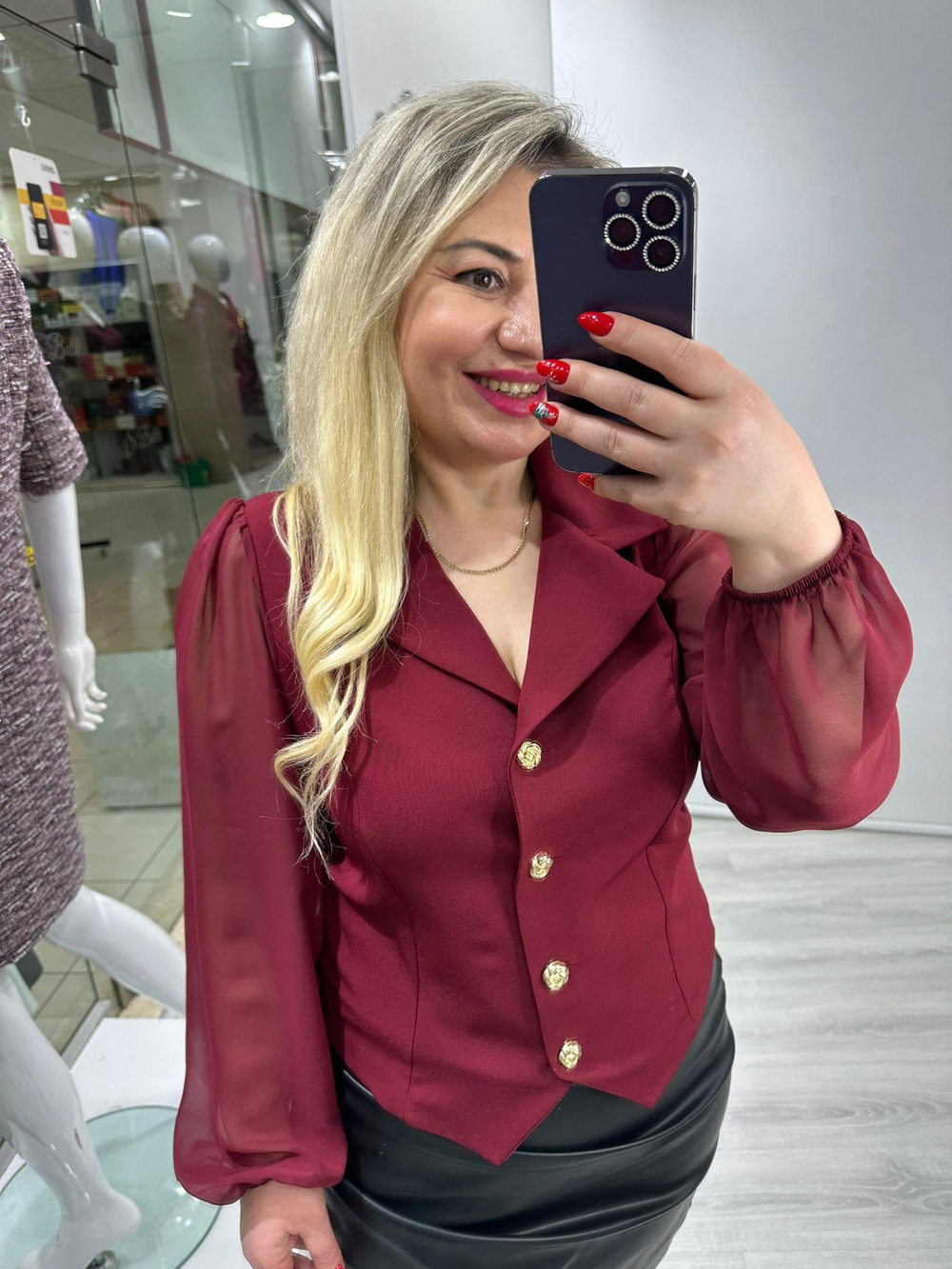 Bordo Kolları Şifon Gold Düğmeli Gömlek Bluz stp 25k1267
