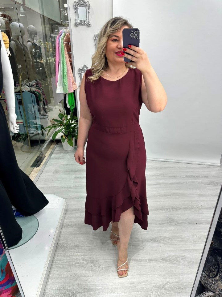 Bordo Kolsuz Etek Volanlı Krep Elbise stp 26y2800