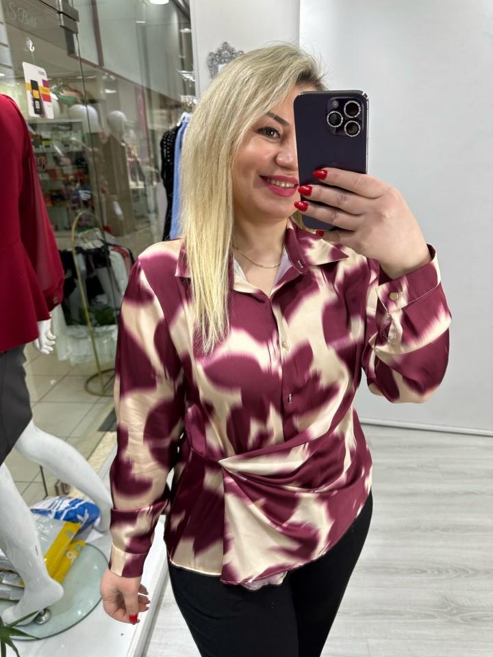 Bordo Krem Desenli Yan Drape Detaylı Saten Bluz Gömlek stp 25k1040