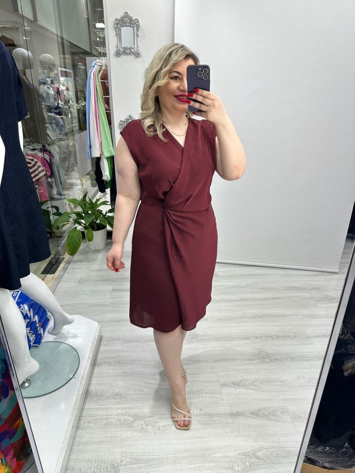 Bordo Kruvaze Kapama Saten Kendinden Çizgili Nisbet Elbise stp 26y2786