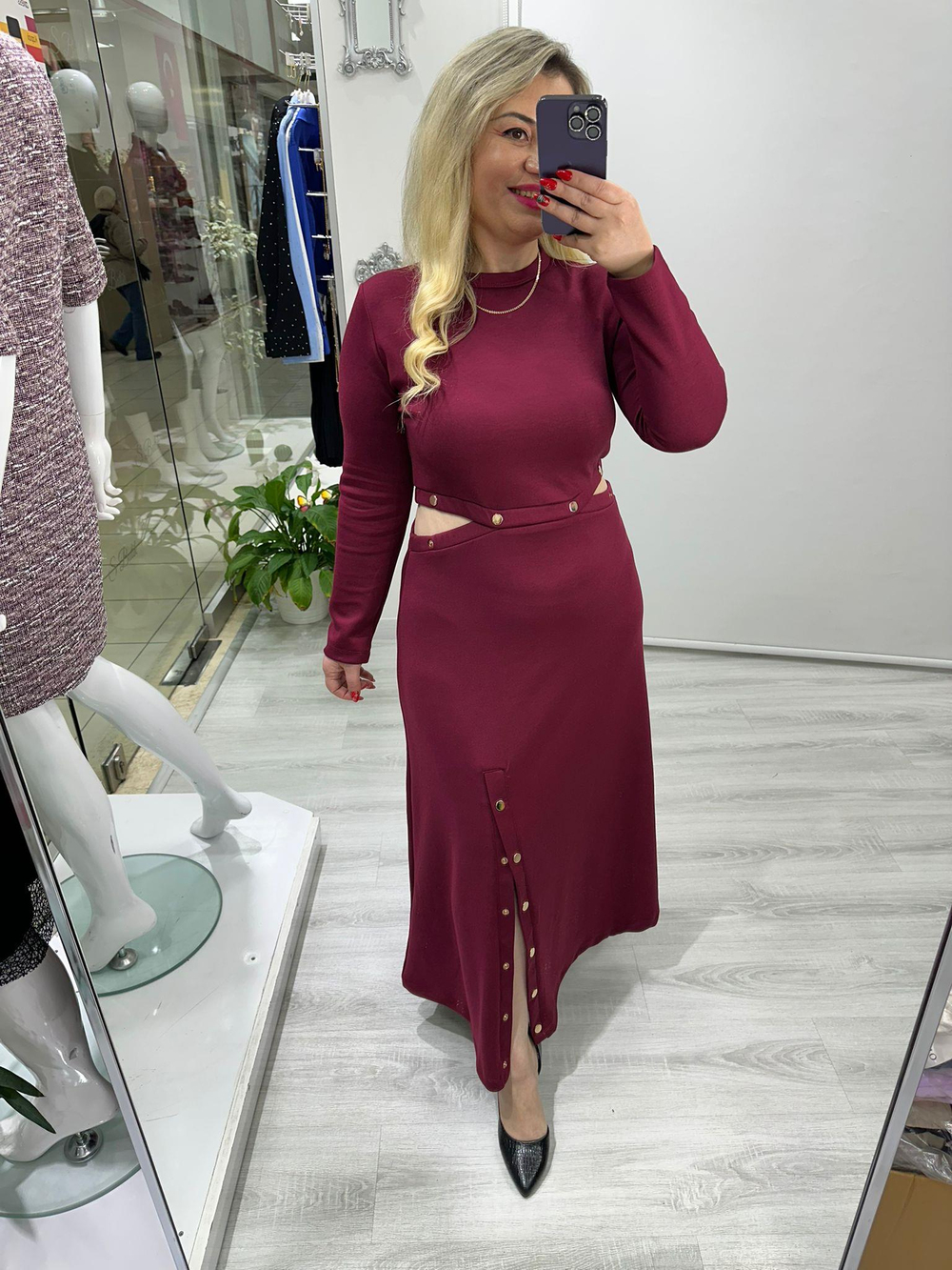 Bordo Modal Çıtçıt Detaylı Elbise bkt 282084