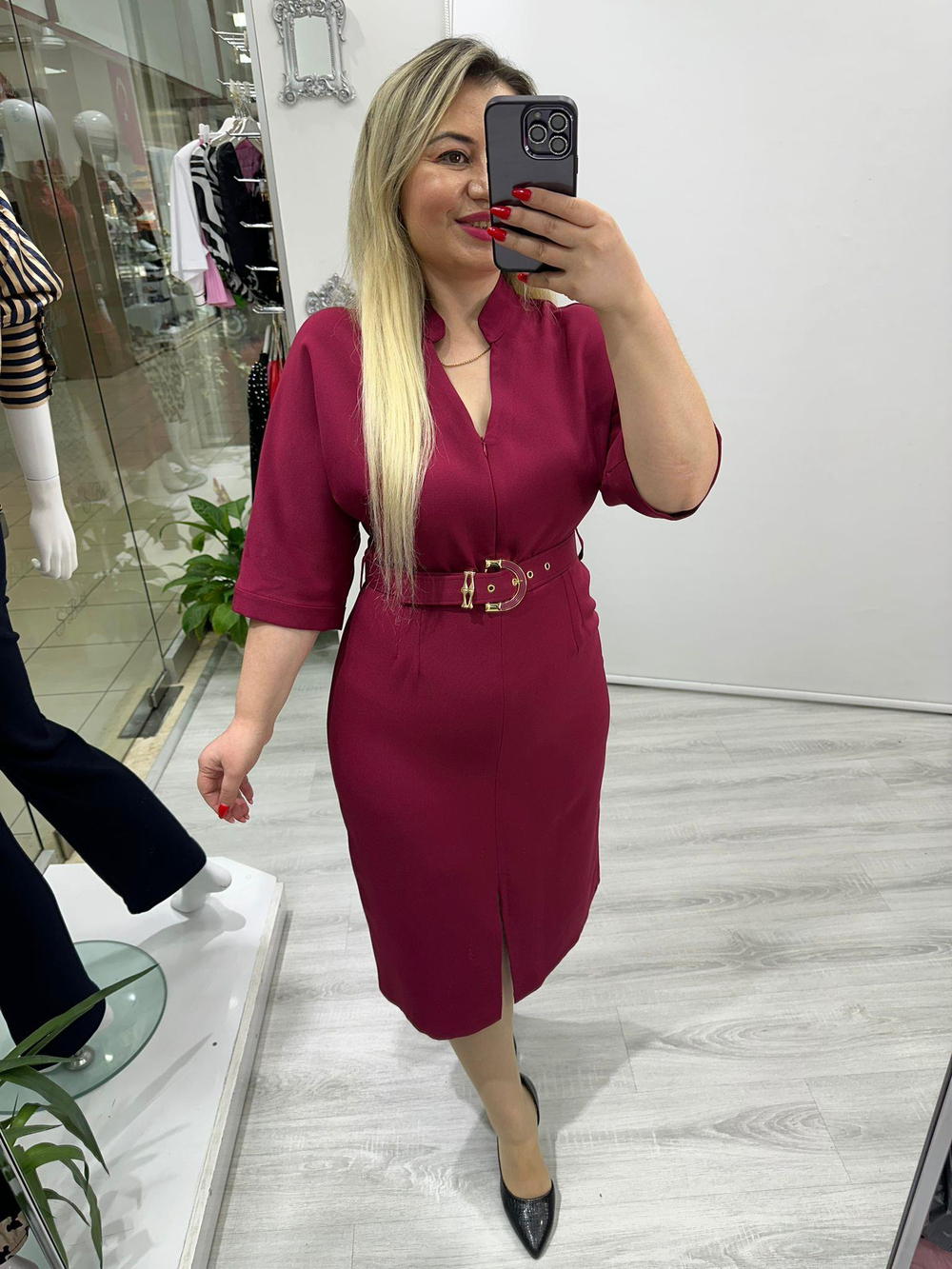 Bordo Ön Yırtmaçlı Kemerli Elbise 5995
