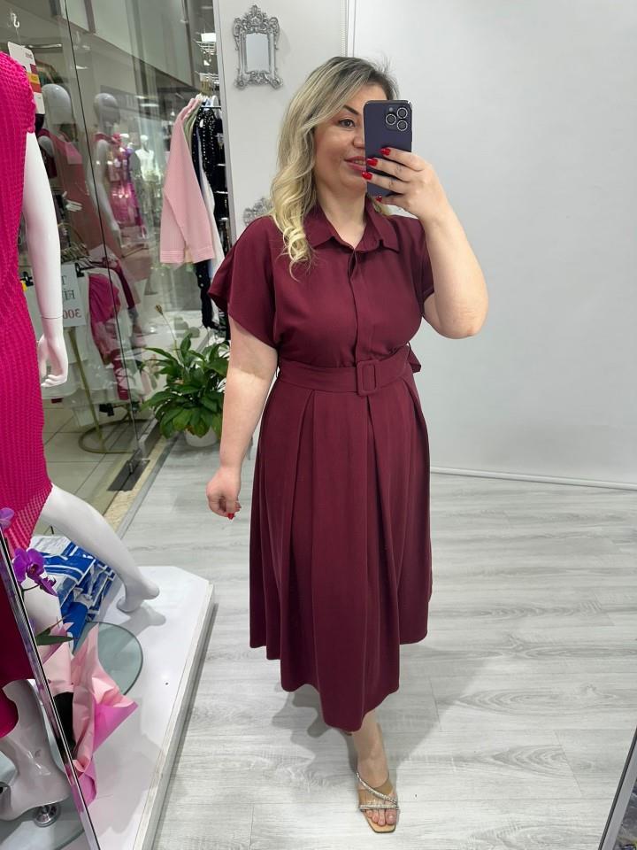 Bordo Pile Detaylı Düşük Omuz Kemerli Tencel Elbise mc 5065 