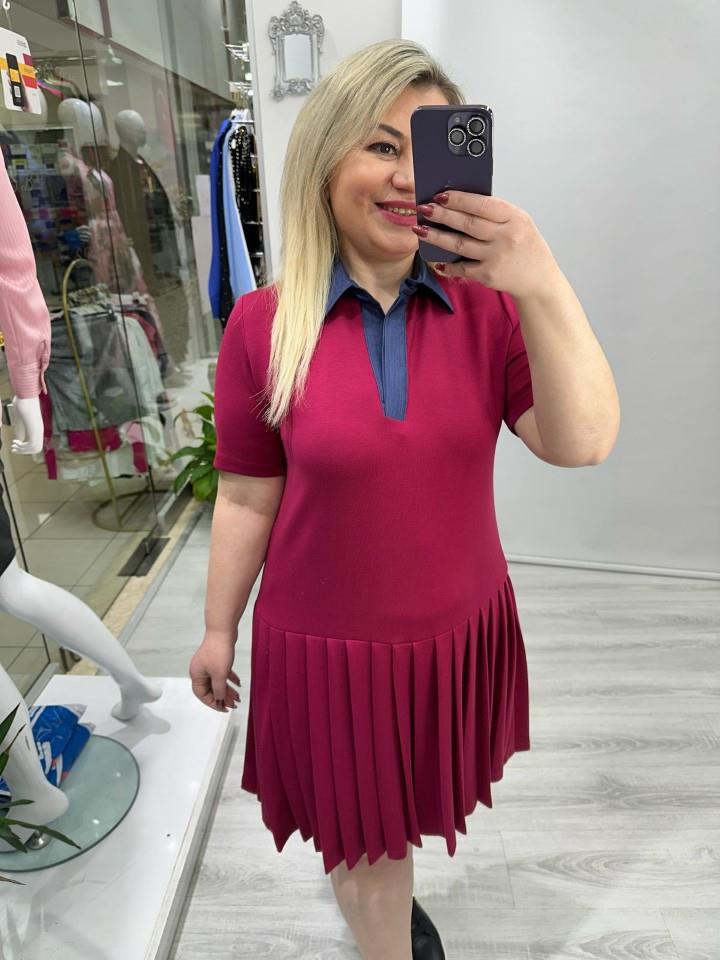 Bordo Pileli Polo Yaka Elbise bkt 292076