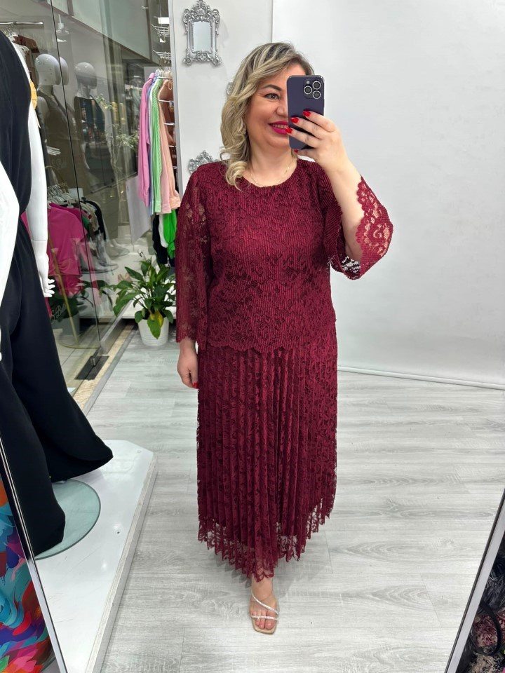 Bordo Premium Piliseli 2 Katlı Fakir Kollu Kordoneli Dantel Elbise frv 78195