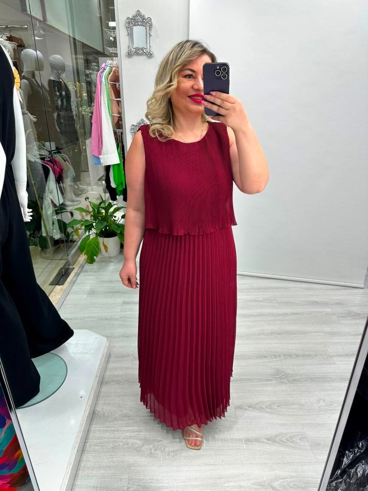 Bordo Premium Piliseli 2 Katlı Kolsuz Uzun Şifon Elbise stp 26y2621