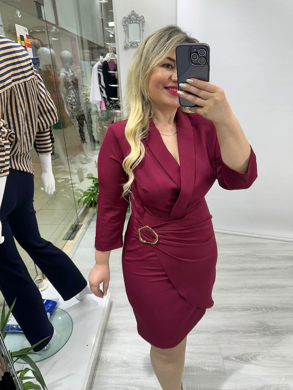 Bordo Şal Yaka Gold Toka Detaylı Elbise 5992