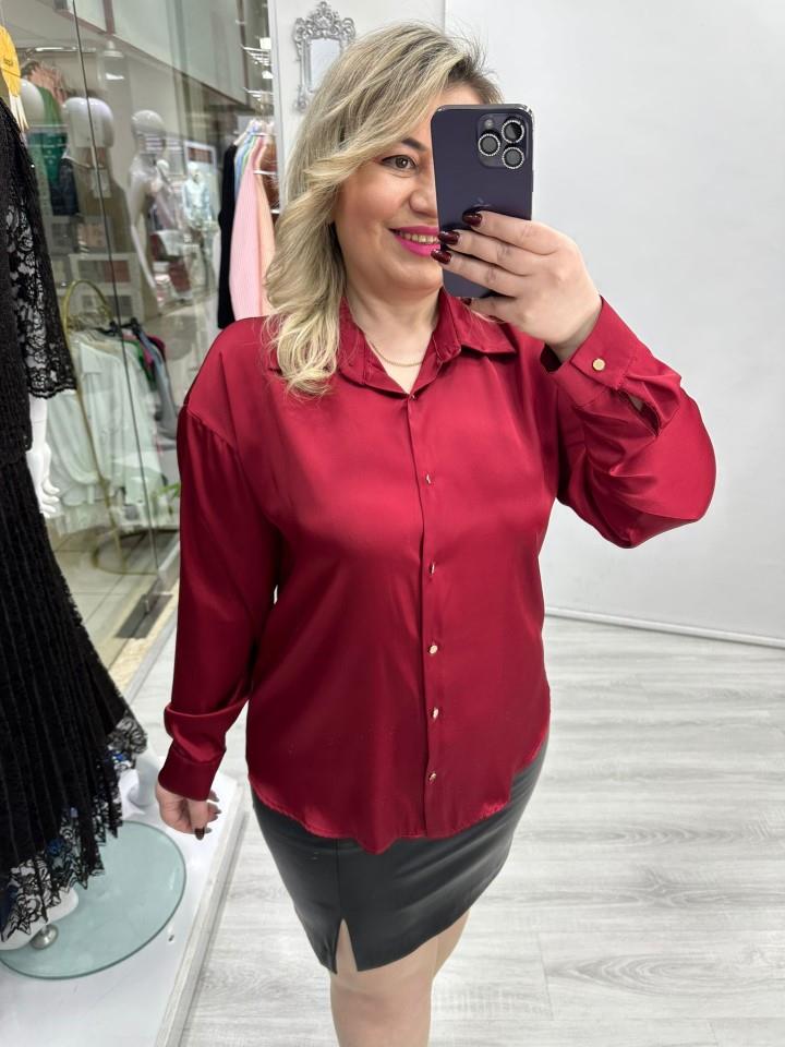 Bordo Saten Düz Gömlek Gold Düğmeli stp 26y1012