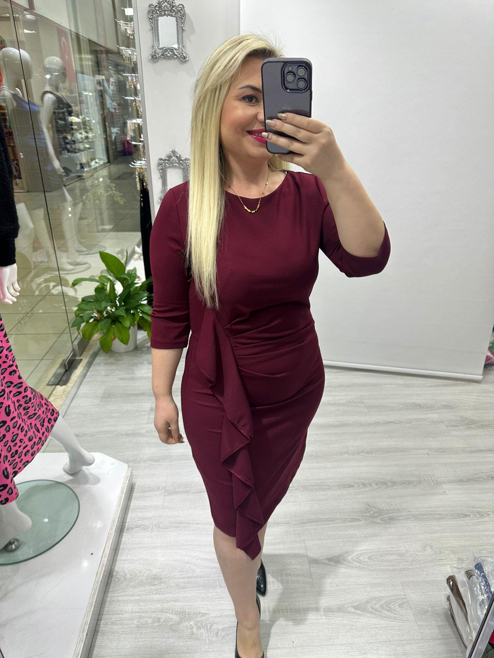 Bordo Volanlı Yarım Kol Elbise 5906
