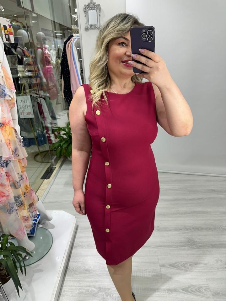 Bordo Yan Gold Düğme Detaylı Kolsuz Elbise mc 5048 