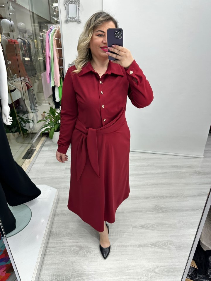 Bordo Yandan Bağlama Detaylı Yakalı Gold Düğmeli Elbise stp 27K2836