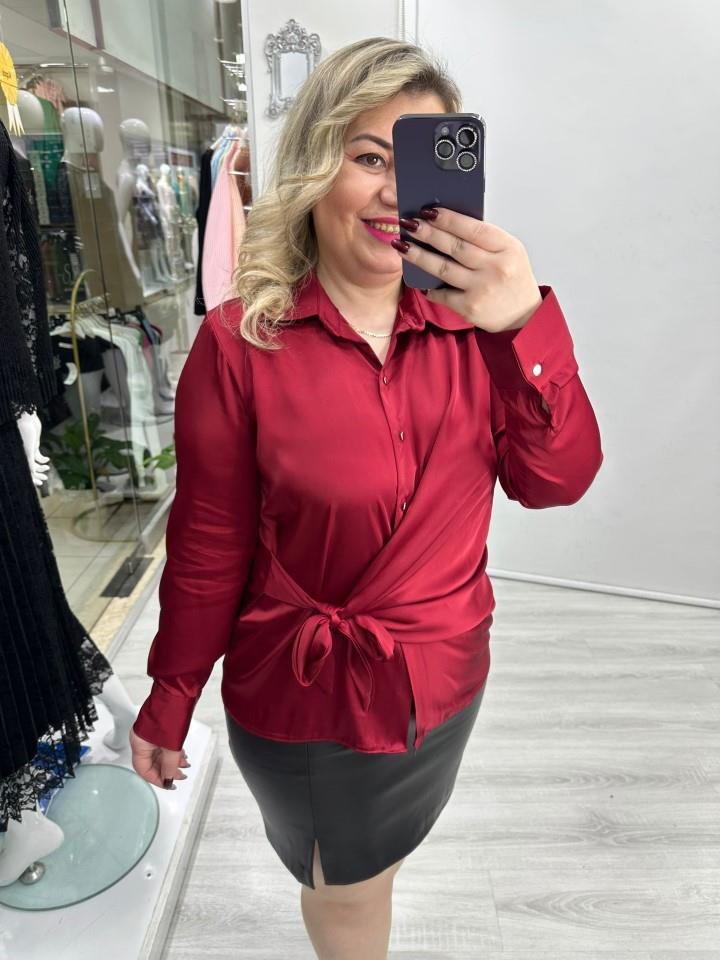 Bordo Yandan Bağlamalı Saten Gömlek Bluz stp 26Y1442