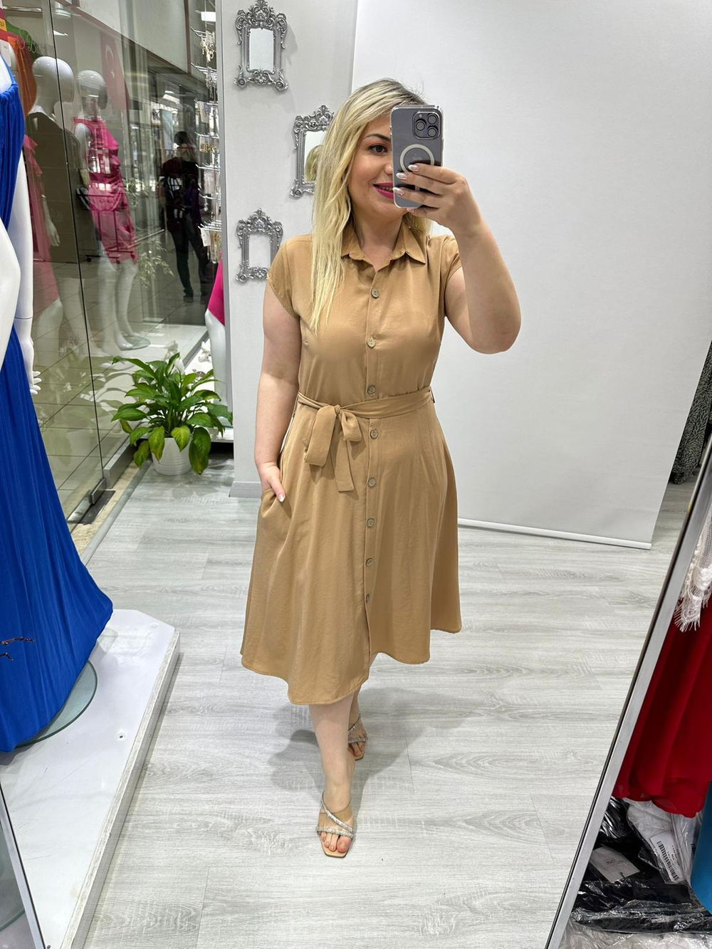 Camel Tensel Önü Düğmeli Yan Cepli Elbise 