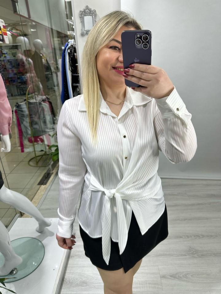Ekru Kendinden Çizgili Yandan Bağlamalı Gömlek Bluz stp 25y1330