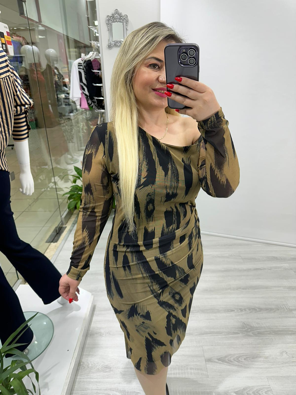 Fırça Desen Leo Çapraz Omuz Tül Elbise 5997