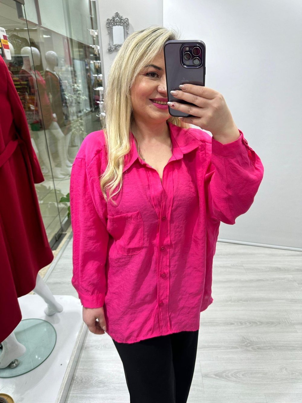 Fuşya Tensel Omzu Düşük Oversize Gömlek 4612