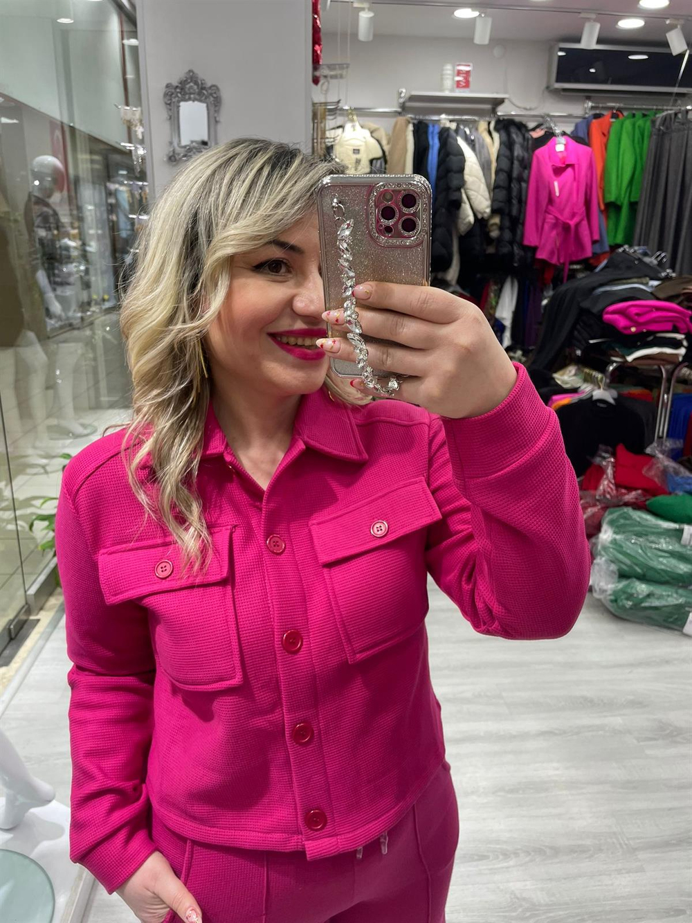 Fuşya Wafle Kumaş Ceket Sweat