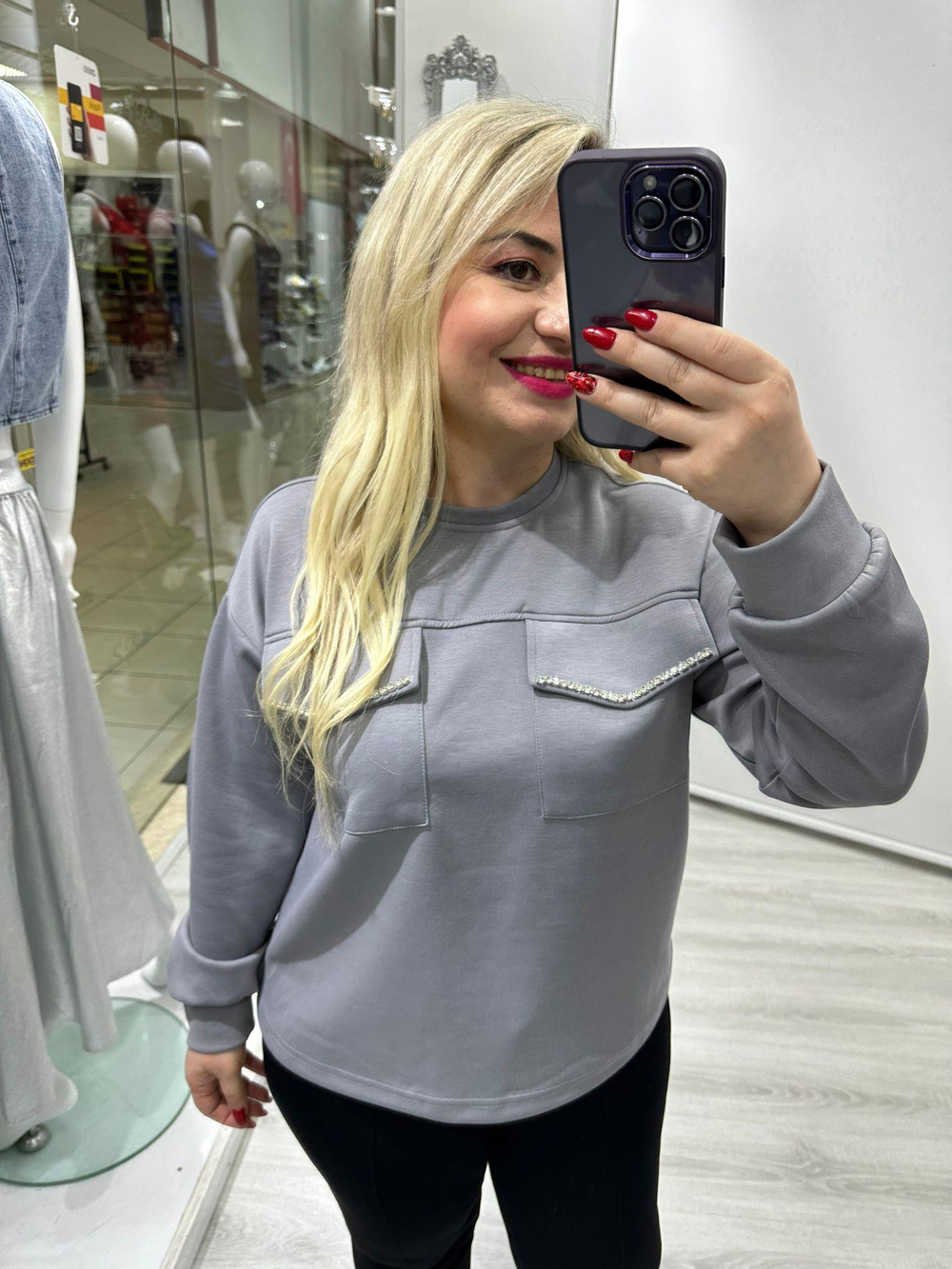 Gri Cepleri Taş Detaylı Tasarım Sweat 