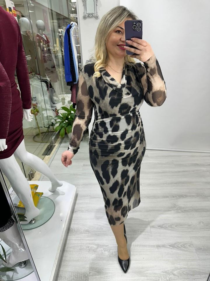 Haki Siyah Leopar Desenli Degaje Yaka Tül Elbise stp 25y2432