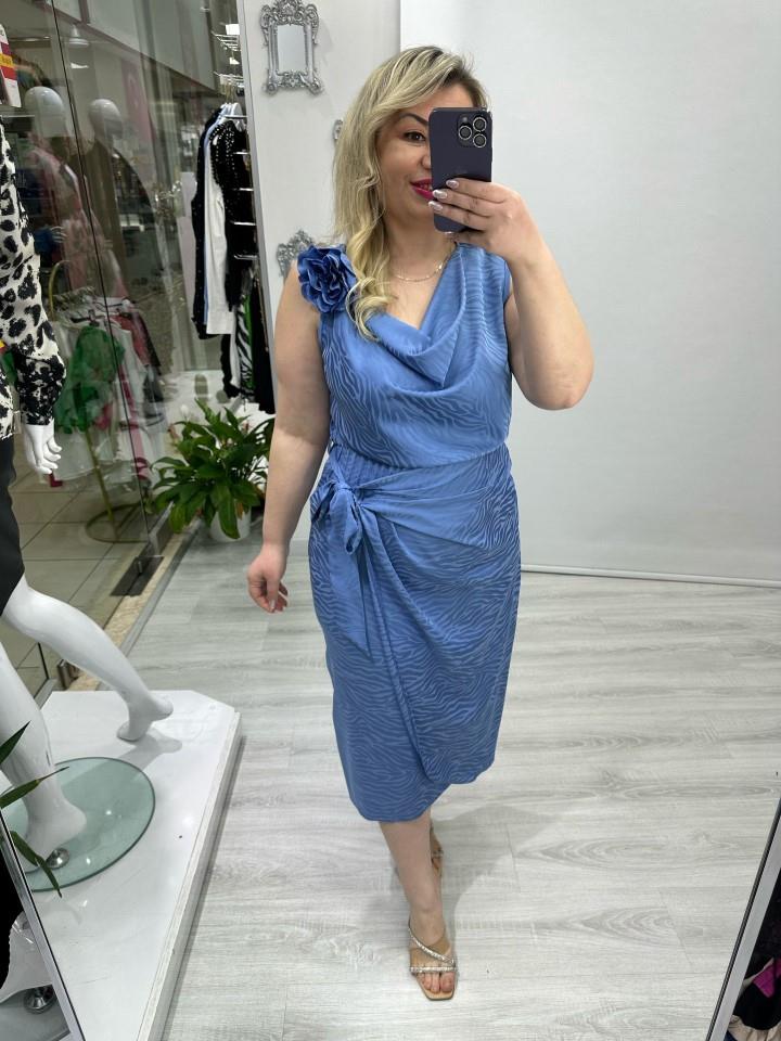 İndigo Mavi Zebra Desenli Saten Yaka Çiçek Detaylı Elbise stp 25Y2456
