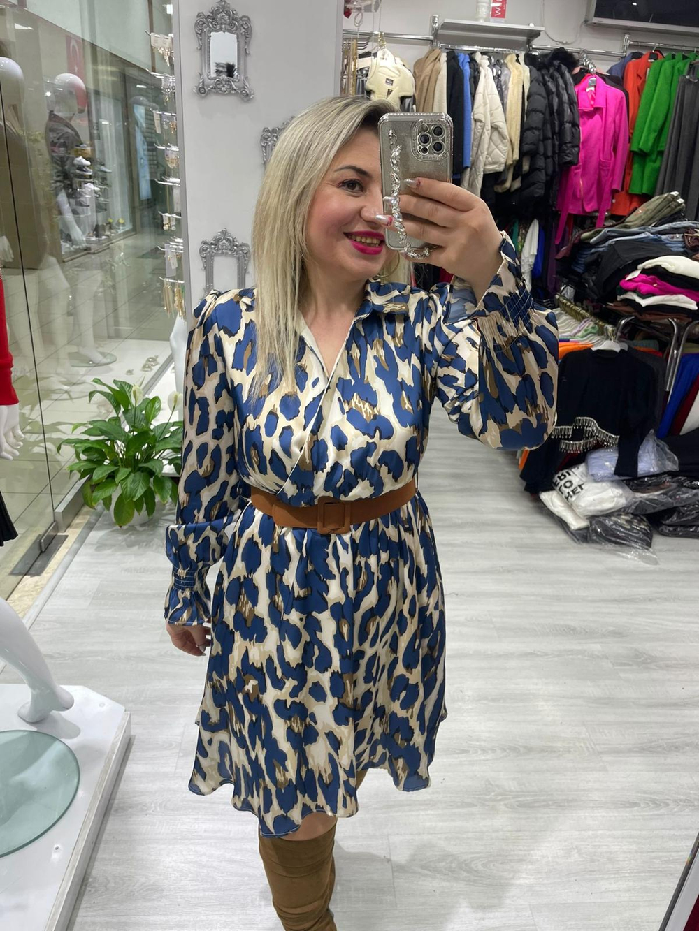 İpek Saten Kemerli Lacivert Camel  Elbise 