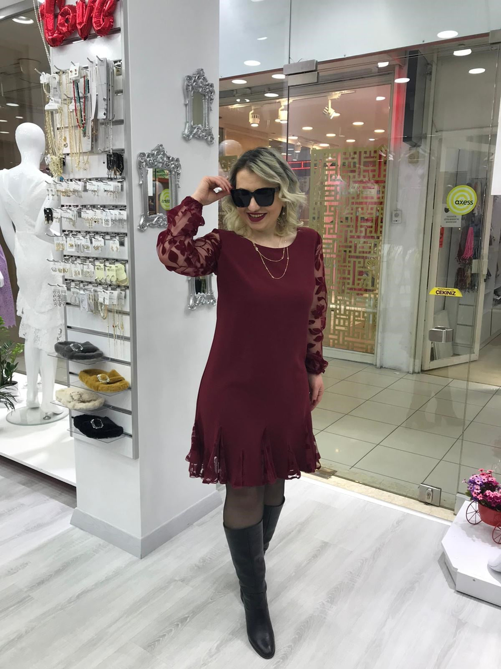 Kadın Bordo Kolları Tül Elbise 