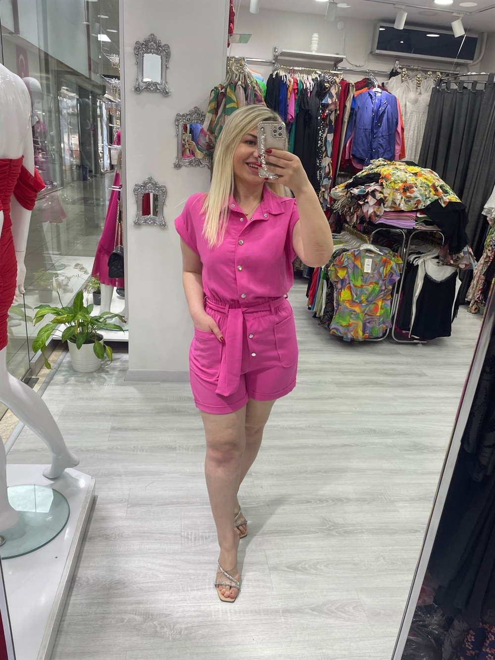 Kadın Çıt Çıt  Detaylı  Beli Lastikli Pembe Tulum