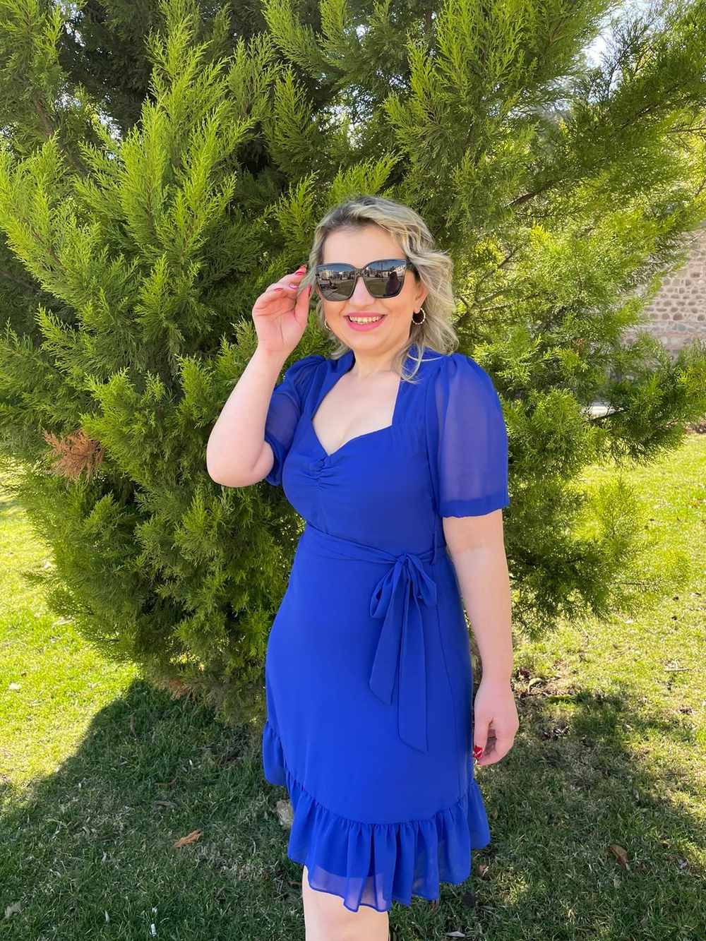 Kadın Kalp Yaka  Kısa Kollu Saks Mavi   Şifon Elbise 