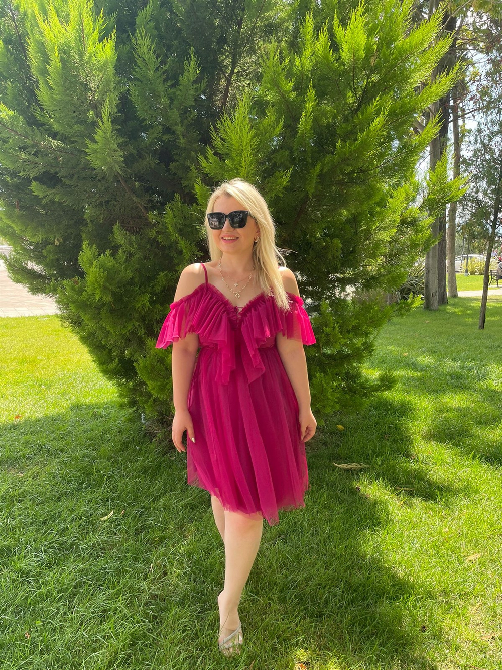 Kadın Leona Fırfırlı Fuşya Pembe  Tül Elbise 
