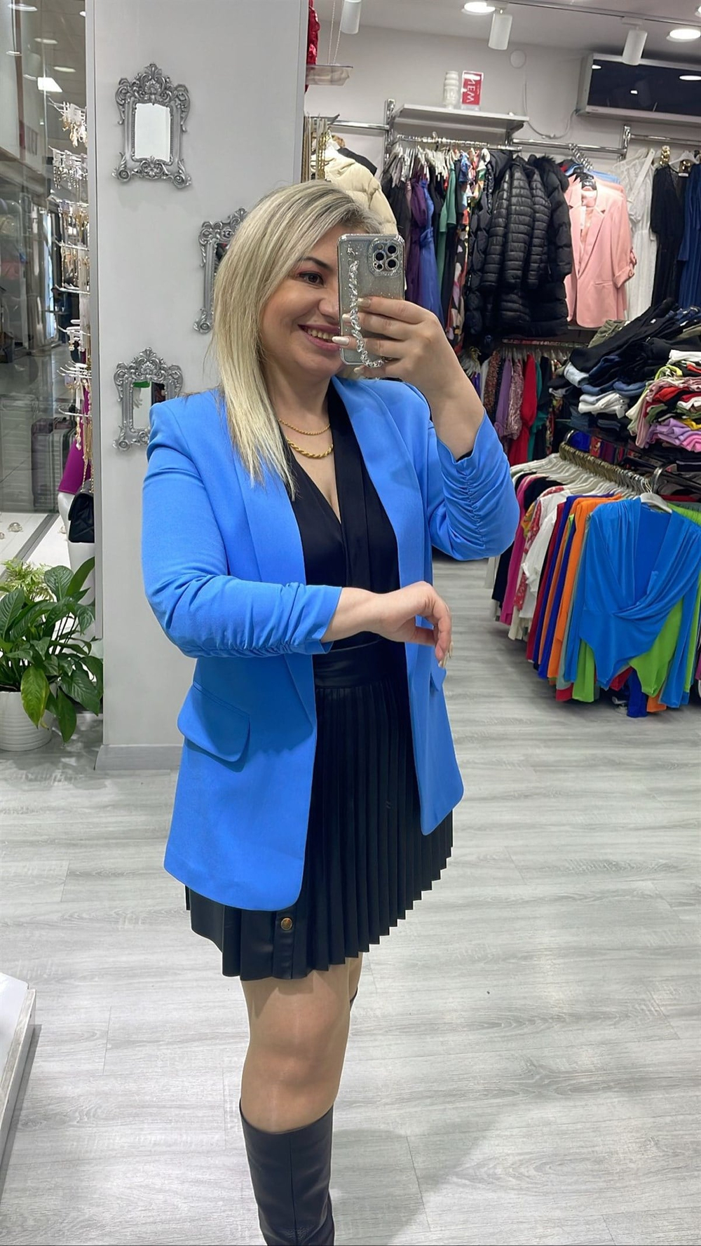 Kadın Mavi Kol Büzgülü Blazer Ceket 