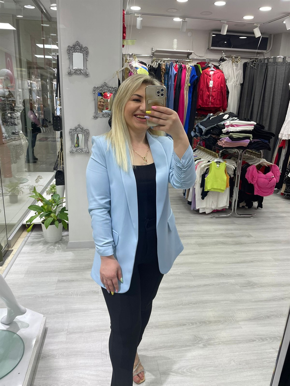 Kadın Mavi  Kol Büzgülü Blazer Ceket 