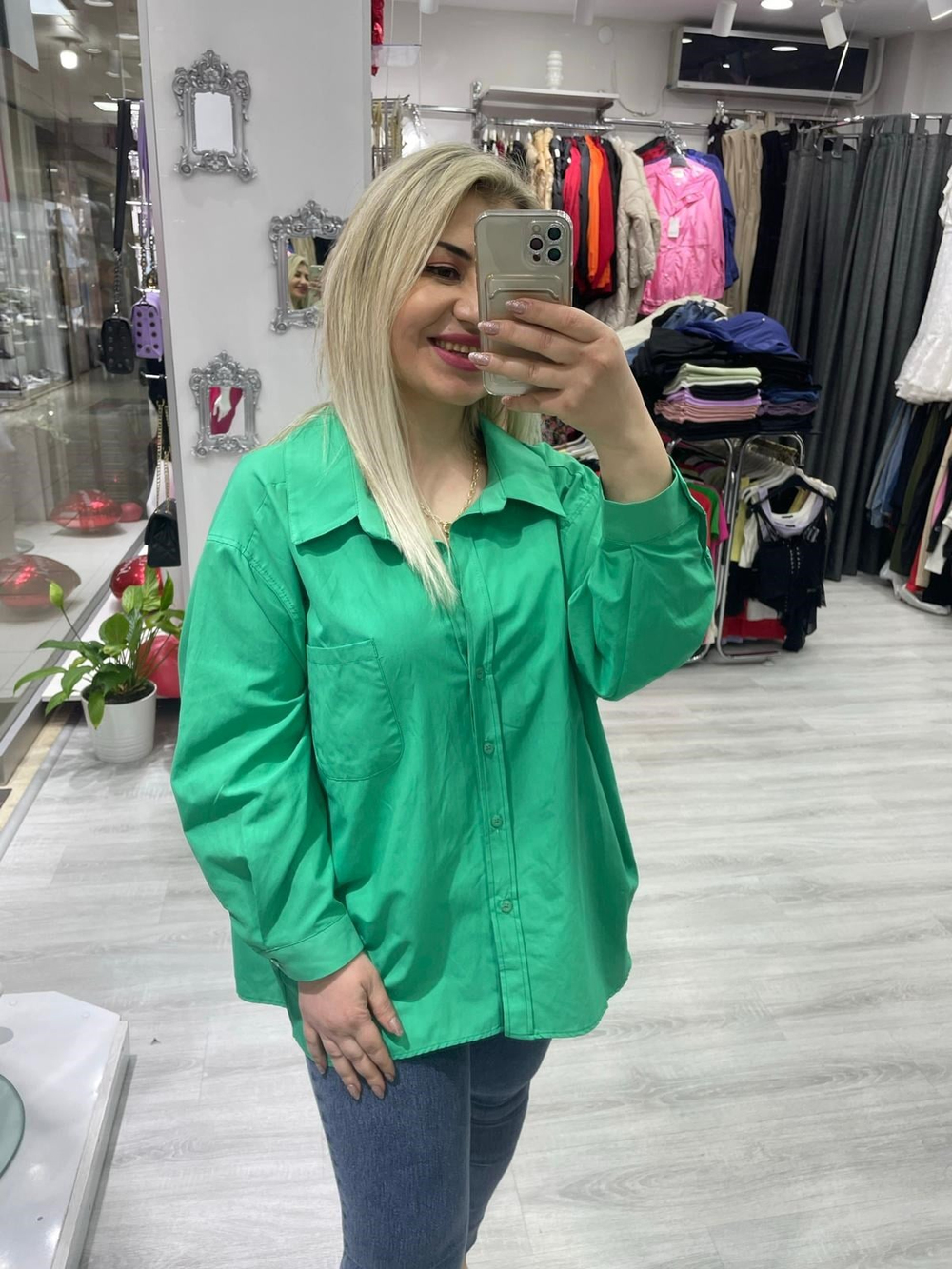 Kadın Poplin Kumaş Oversize Düşük Omuzlu Yeşil Gömlek