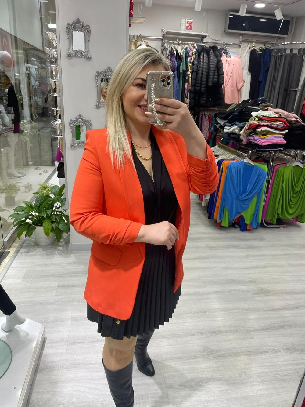 Kadın Turuncu  Kol Büzgülü Blazer Ceket 