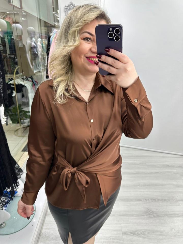 Kahverengi Yandan Bağlamalı Saten Gömlek Bluz stp 26Y1442