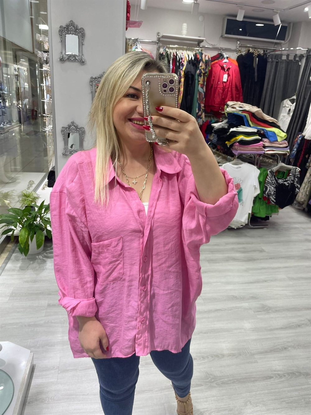Kaın Pembe  Tensel Omzu Düşük Oversize Gömlek