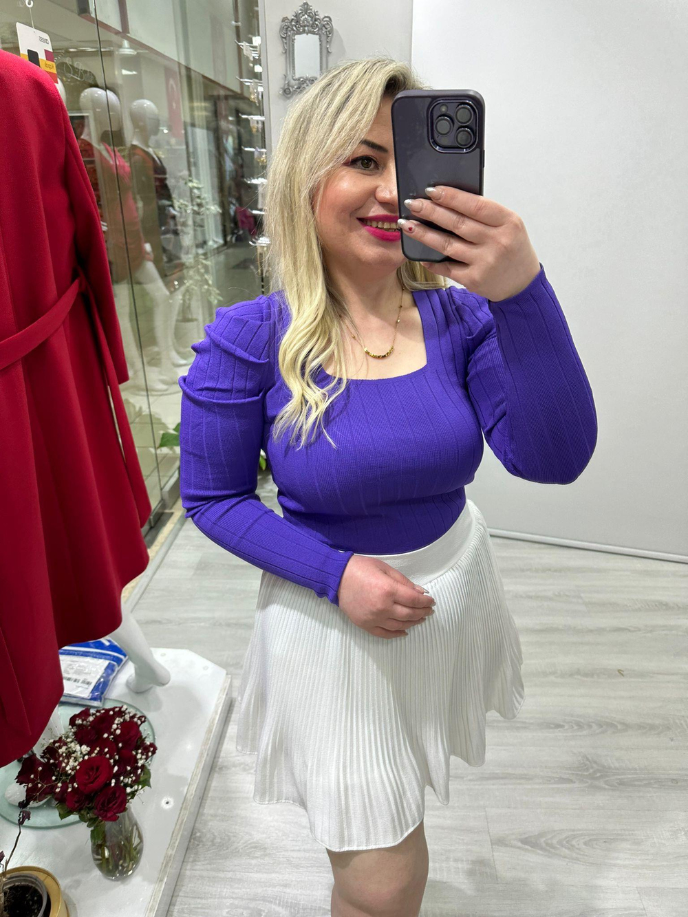 Kare Yaka Uzun Kollu İnce Mor Triko 