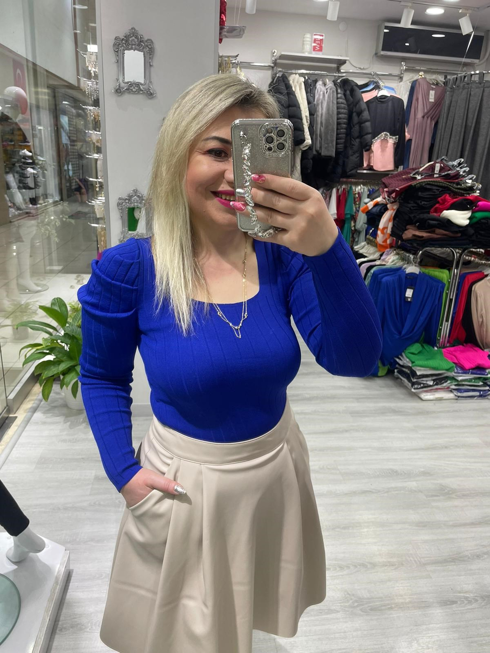 Kare Yaka Uzun Kollu İnce Saks Mavi   Triko 
