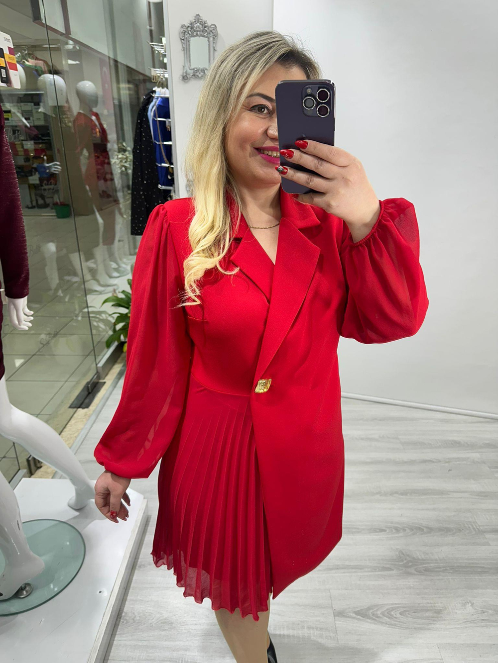 Kırmızı Ceket Yaka Gold Düğme Detaylı Elbise stp 25k2169